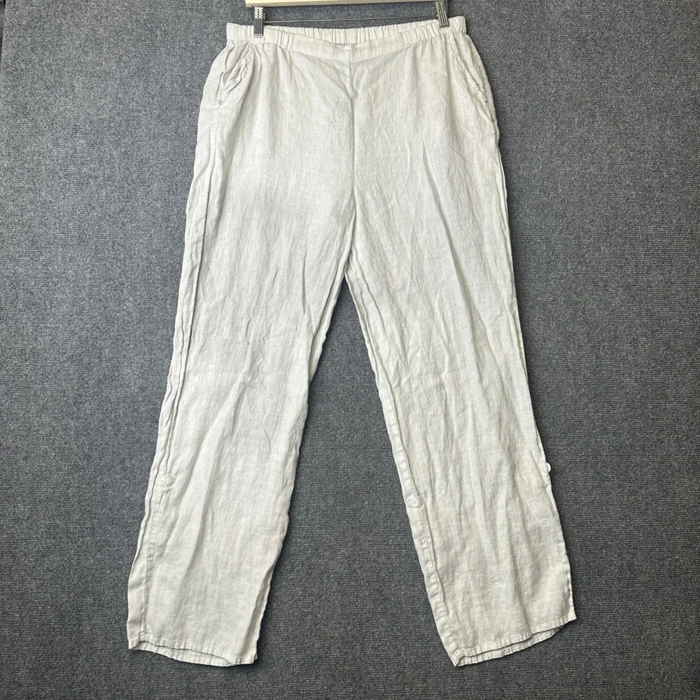 FLAX Linen Pants Womens Medium Gray Wide Leg Relaxed Casual Summer Elastic Waist